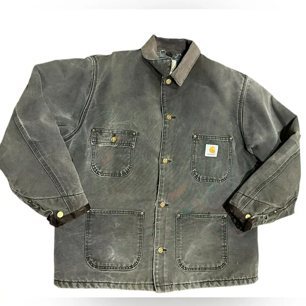 Vintage Carhartt Blanket Lined Chore Coat Heavily Distressed Brass Button XL